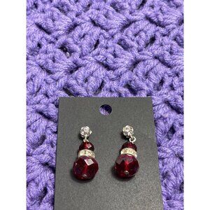 Vintage Red Faceted Glass Bead Dangle Earrings Clear Rhinestone Pave Silvertone